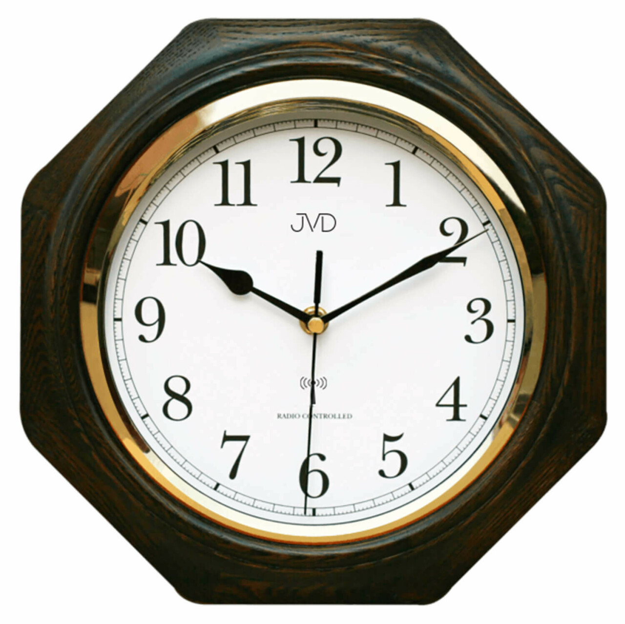 Horloge murale octogonale en bois radio-pilot&eacute;e lunette dor&eacute;e noir