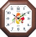 Horloge murale bois teinté noyer octogonale fleurs
