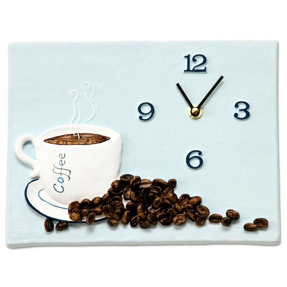 Horloge de cuisine en c&eacute;ramique d&eacute;cor bleu ciel caf&eacute; et grains