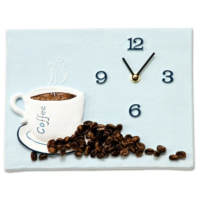 Horloge de cuisine en c&eacute;ramique d&eacute;cor bleu ciel caf&eacute; et grains