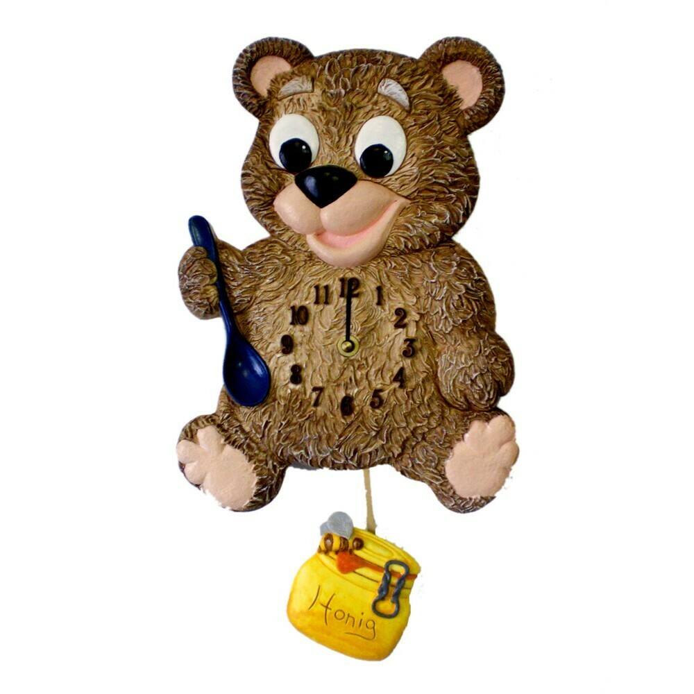 Horloge murale pour enfant ours en c&eacute;ramique avec balancier pot de miel