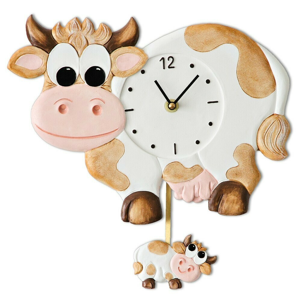 Horloge murale pour cuisine vache beige et son veau balancier