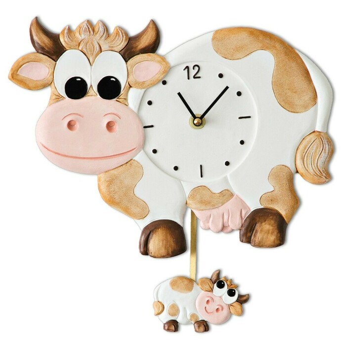 Horloge murale pour cuisine vache beige et son veau balancier