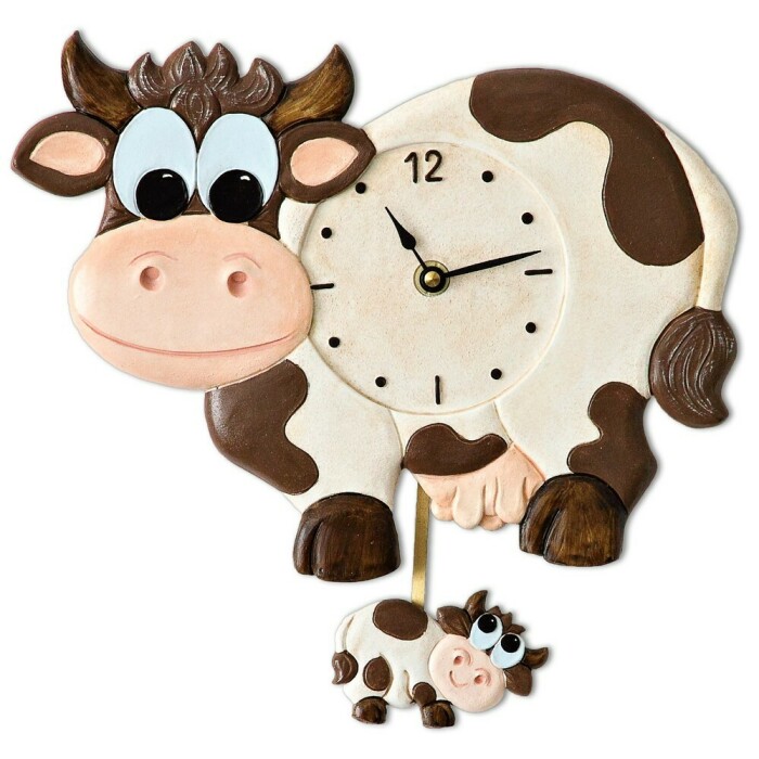 Horloge murale pour cuisine vache marron et son veau balancier