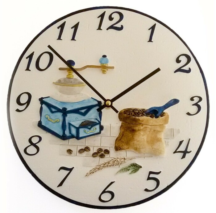 Horloge murale pour cuisine en c&eacute;ramique d&eacute;cor moulin &agrave; caf&eacute; bleu