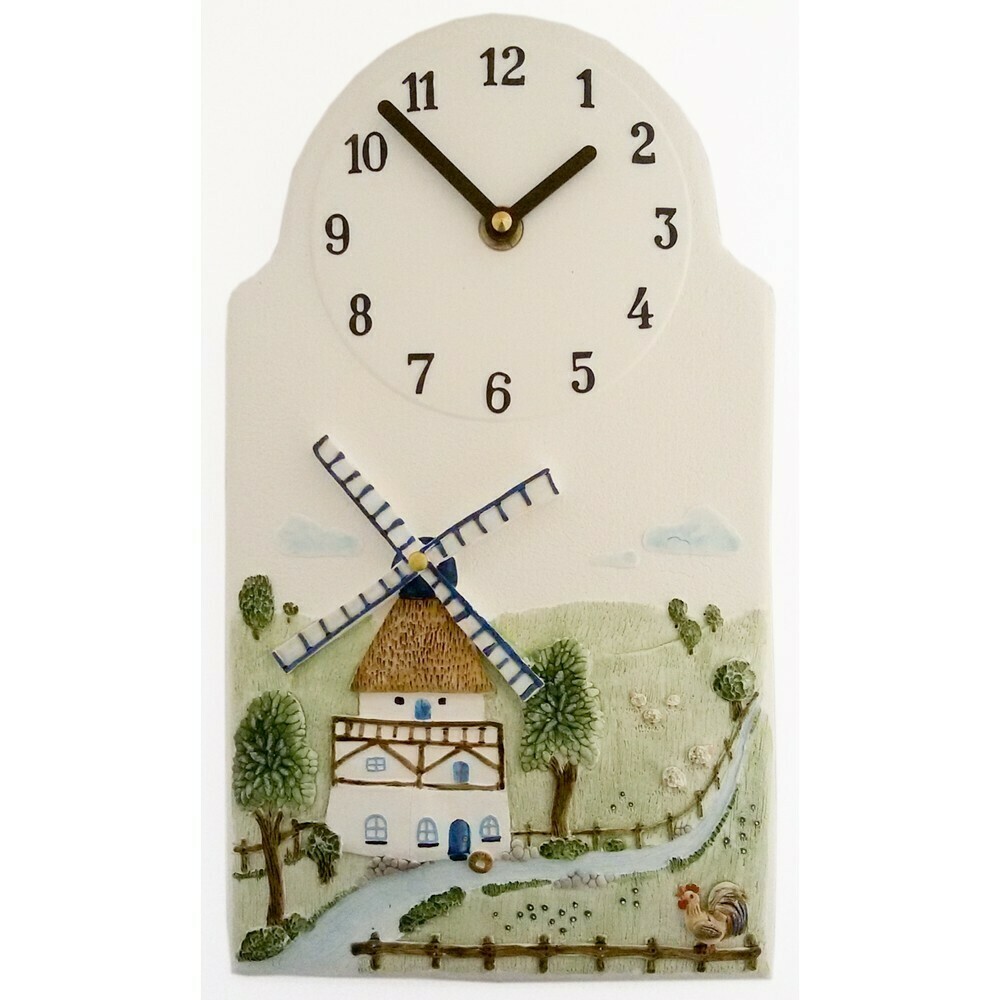 Horloge murale pour cuisine en c&eacute;ramique d&eacute;cor moulin bleu et campagne