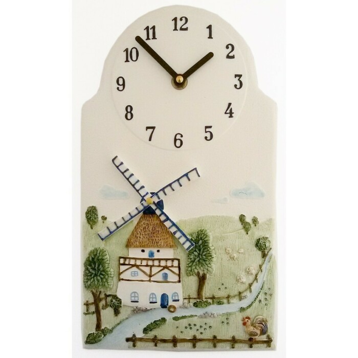 Horloge murale pour cuisine en c&eacute;ramique d&eacute;cor moulin bleu et campagne