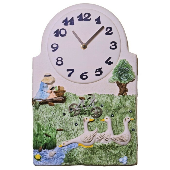 Horloge murale pour cuisine d&eacute;corative sc&egrave;ne de campagne avec oies et bicyclette