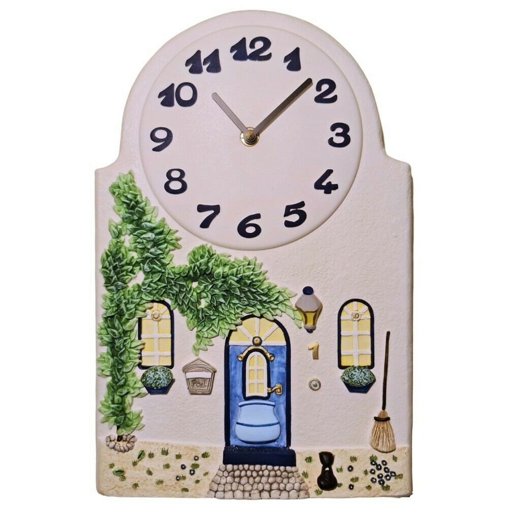 Horloge murale pour cuisine en c&eacute;ramique d&eacute;cor fa&ccedil;ade de maison fleurie