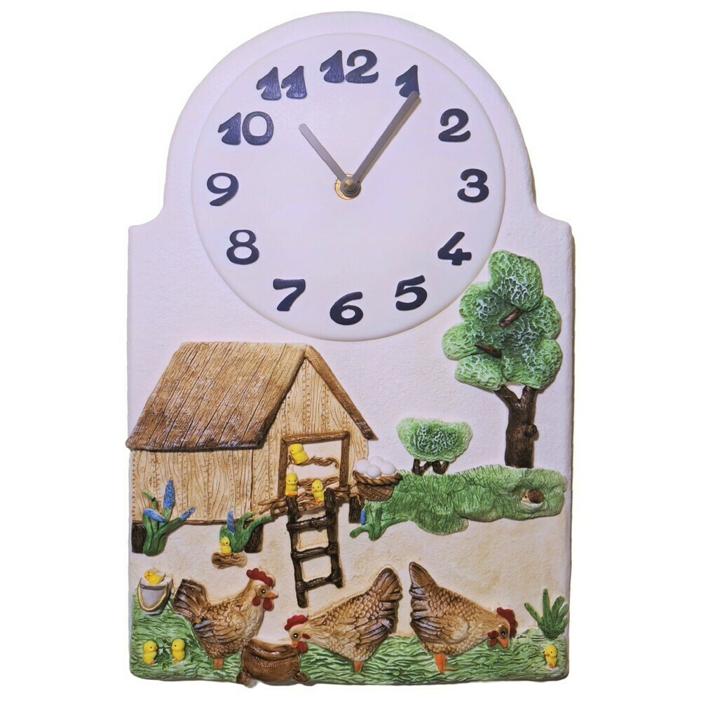 Horloge de cuisine en c&eacute;ramique d&eacute;cor ferme et poulailler