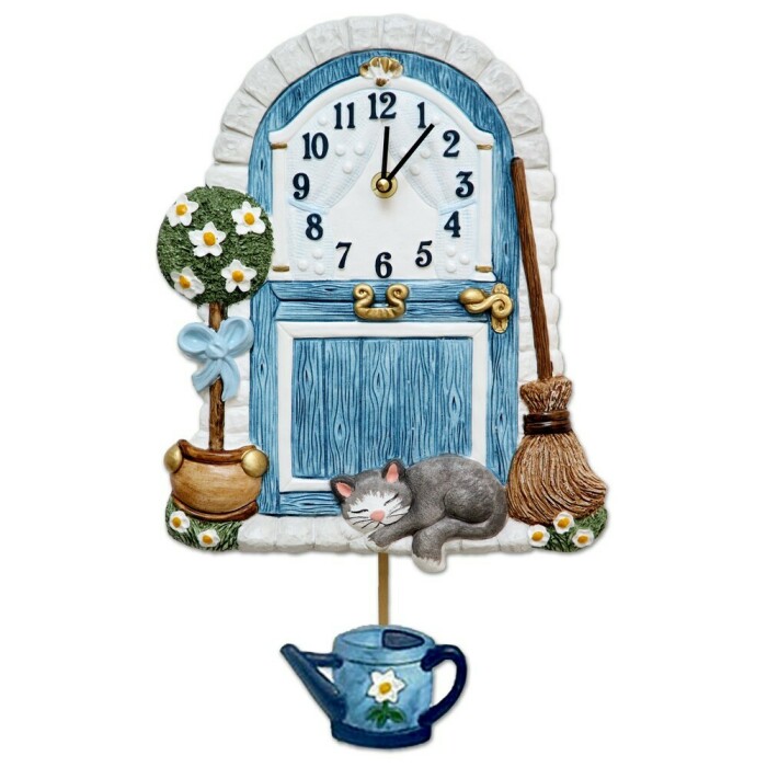 Horloge de cuisine en c&eacute;ramique d&eacute;cor porte de jardin et balancier arrosoir