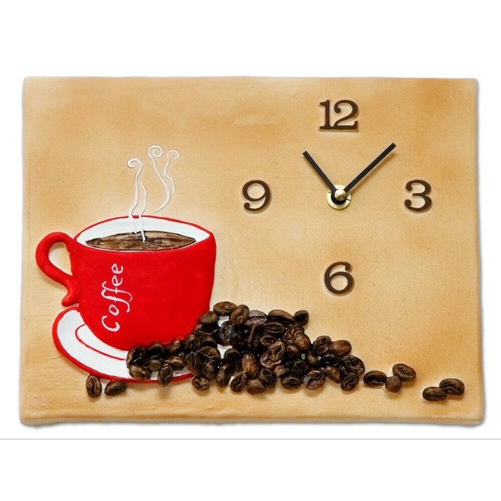 Horloge de cuisine en c&eacute;ramique d&eacute;cor tasse de caf&eacute; et grains