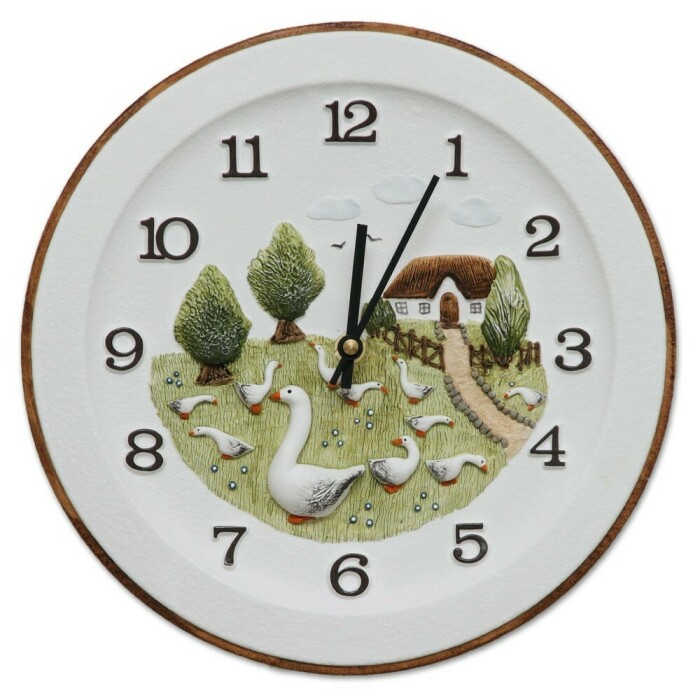 Horloge murale pour cuisine ronde en c&eacute;ramique d&eacute;cor champ&ecirc;tre avec oies