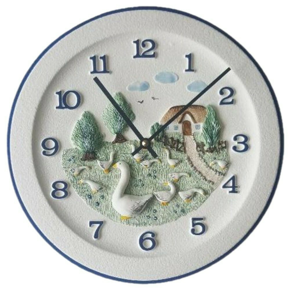 Horloge murale pour cuisine en c&eacute;ramique avec d&eacute;cor d'oies peint &agrave; la main