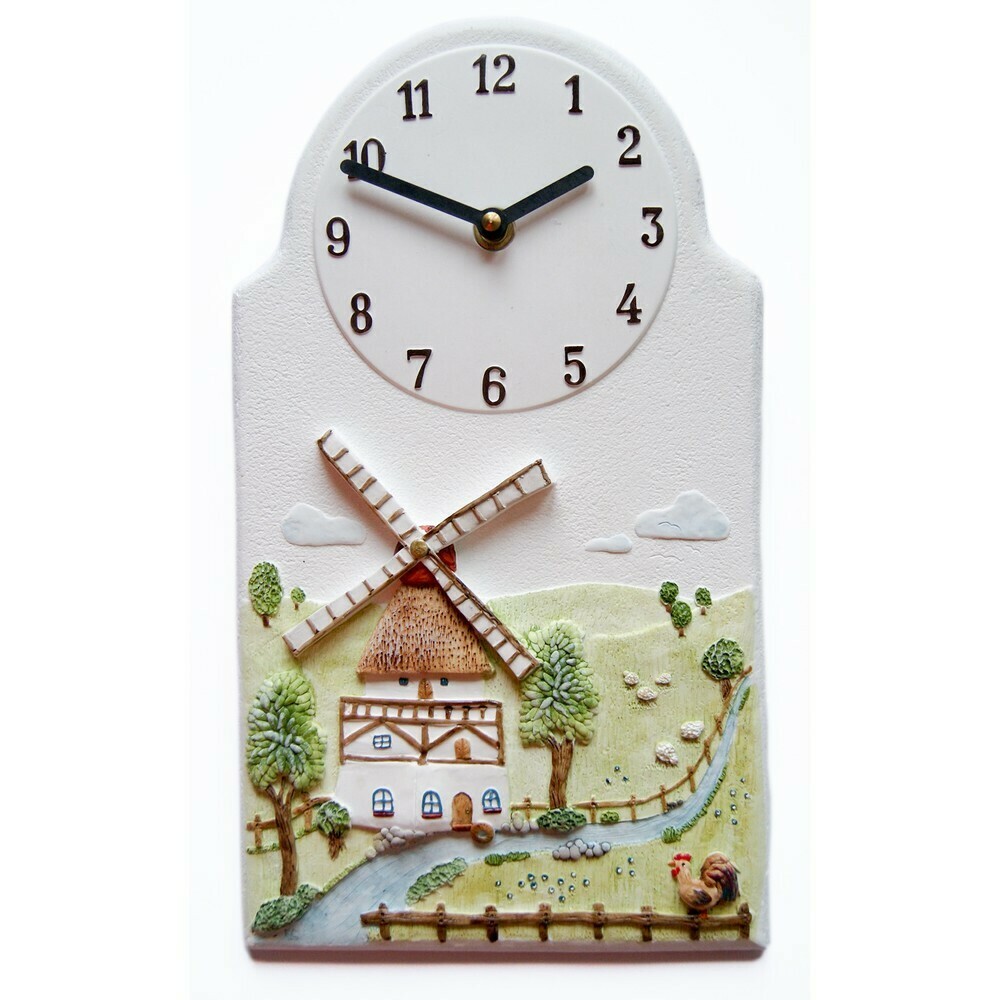 Horloge murale pour cuisine en c&eacute;ramique avec d&eacute;cor moulin et campagne