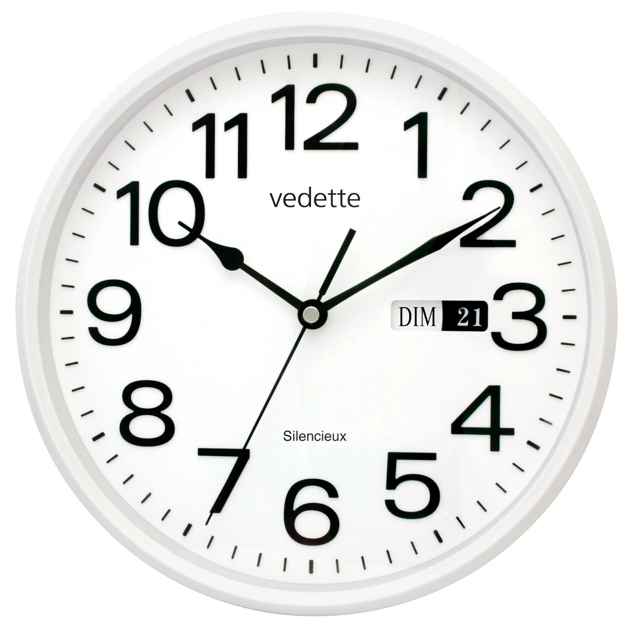 Pendule murale &agrave; calendrier silencieuse blanche &agrave; calendrier