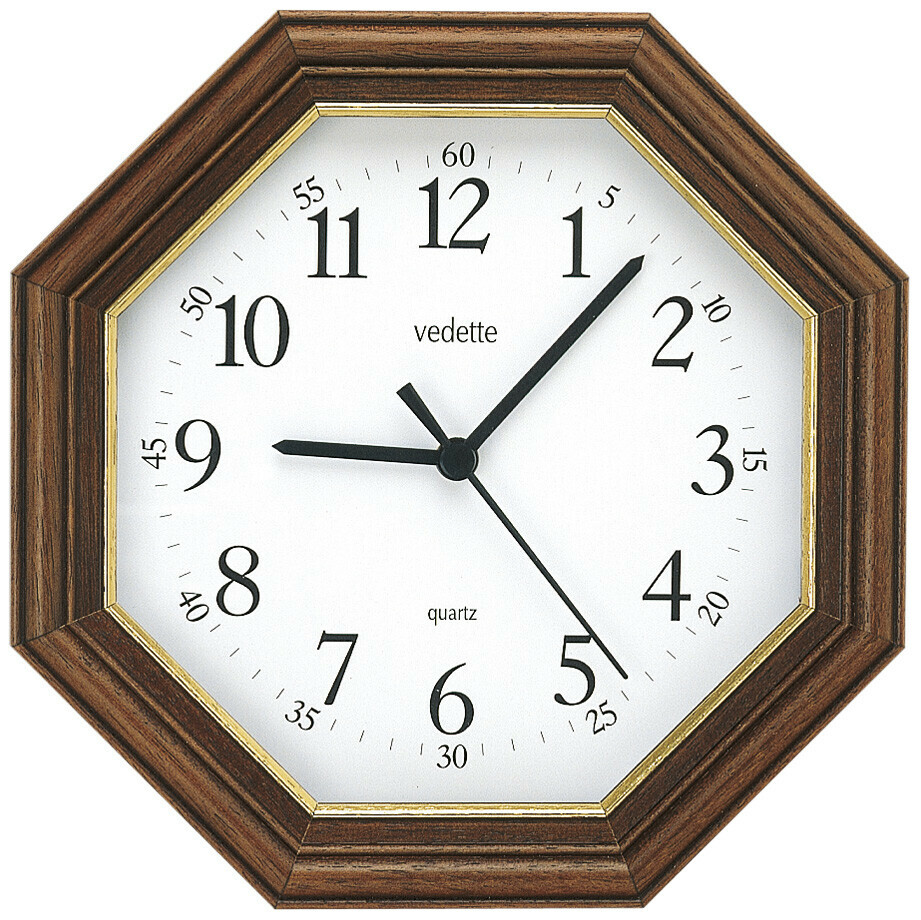 Pendule murale octogonale en bois massif teint&eacute; noyer