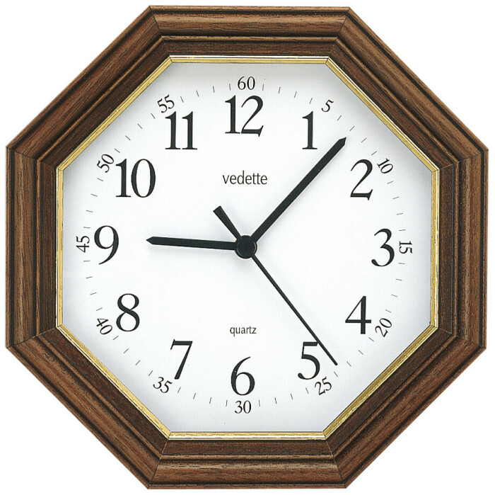 Pendule murale octogonale en bois massif teint&eacute; noyer