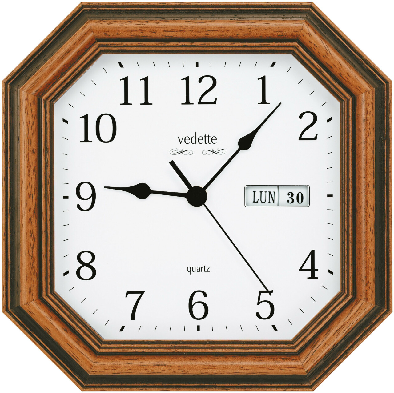 Pendule murale en bois massif teint&eacute; ch&ecirc;ne dor&eacute; &agrave; calendrier