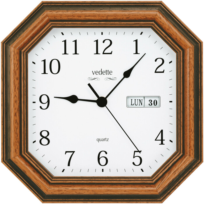 Pendule murale en bois massif teinté chêne doré à calendrier