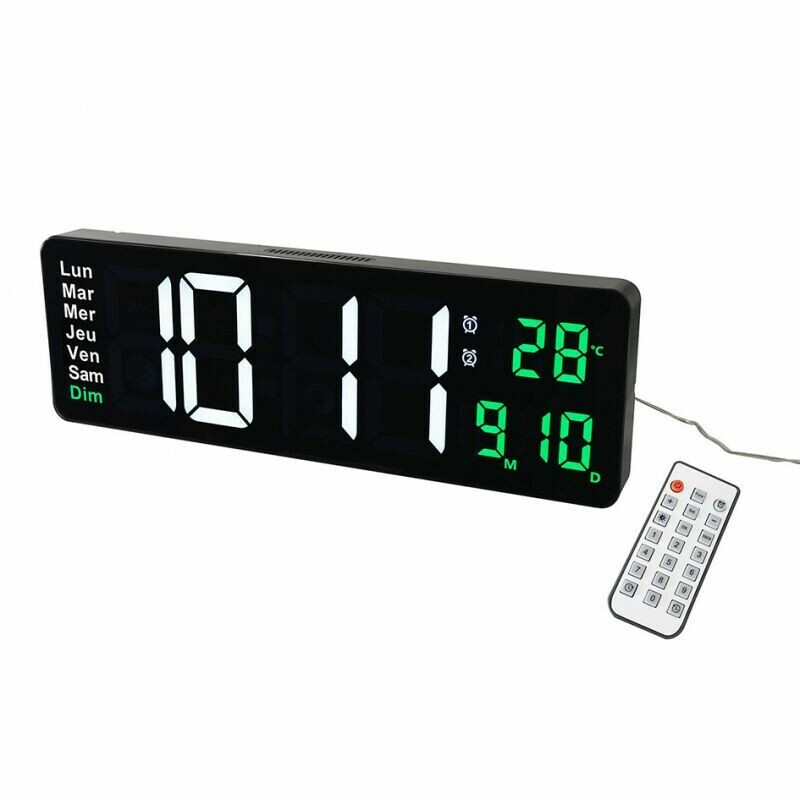 Horloge digitale affichage vert date et temp&eacute;rature_t&eacute;l&eacute;commande