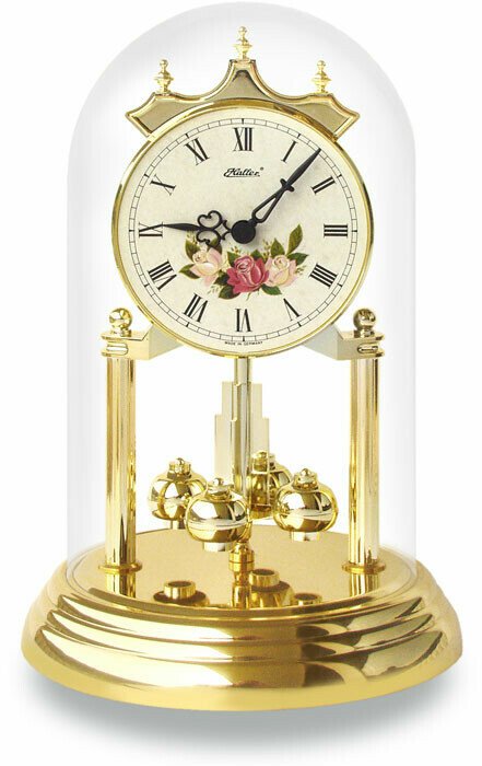 Pendule 400 jours dorée sous cloche cadran beige avec fleurs