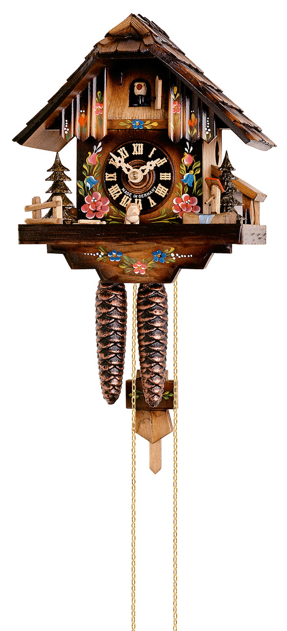 Horloge coucou m&eacute;canique 1 jour chalet fleuri