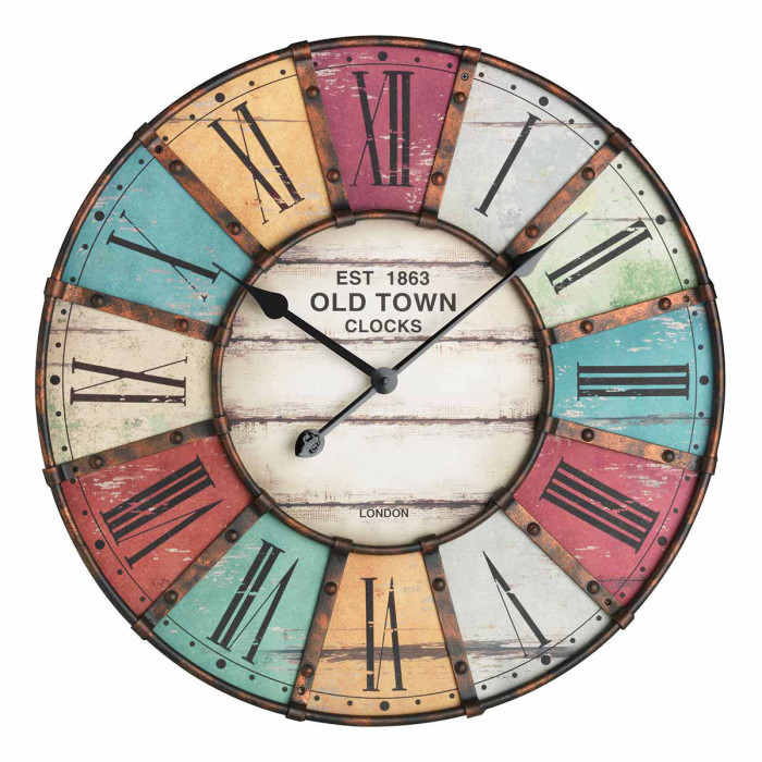 Horloge murale vintage colorée en bois et métal Ø 60 cm