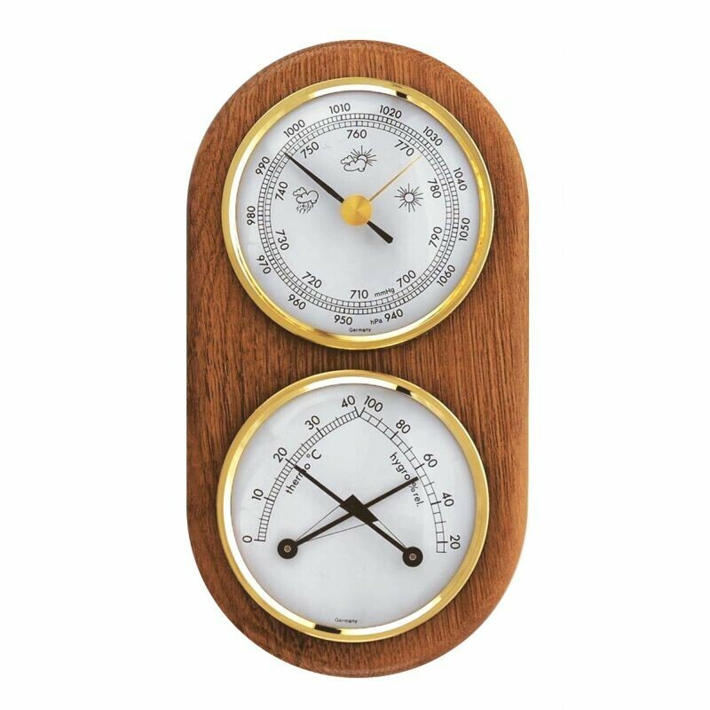 Barom&egrave;tre mural en bois de ch&ecirc;ne avec thermom&egrave;tre et hygrom&egrave;tre