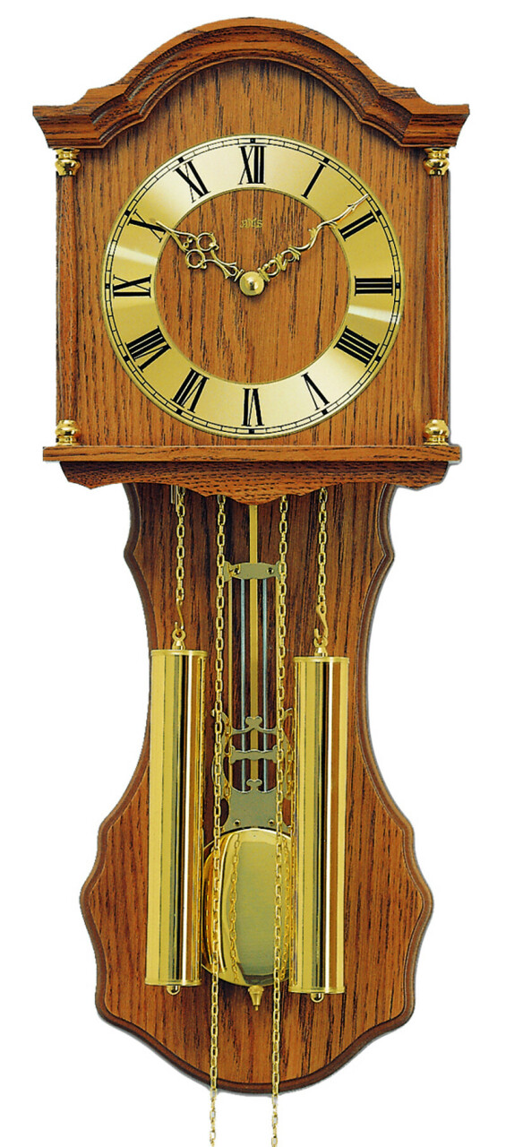 Pendule murale m&eacute;canique en bois ch&ecirc;ne et laiton