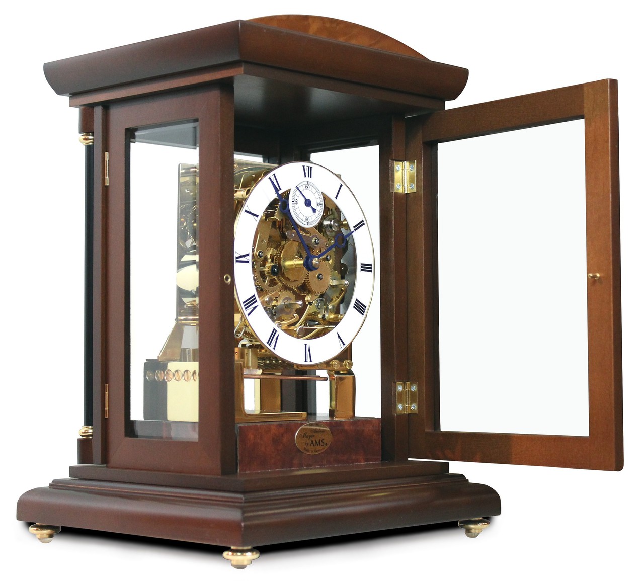 Pendule de table m&eacute;canique haut de gamme en bois chiffres romains porte ouverte face avant