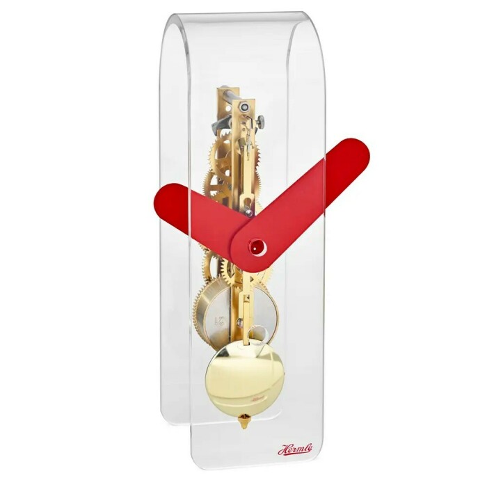 Pendule squelette Hermle dorée acrylique transparent grosses aiguilles rouges