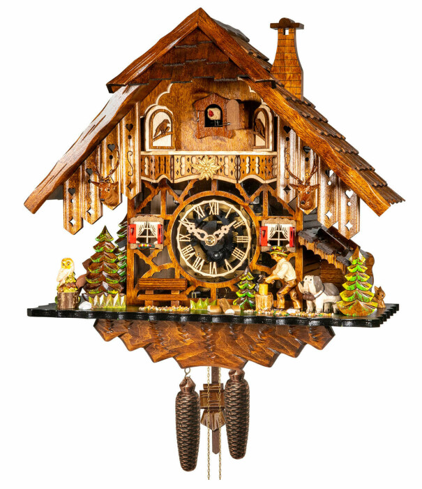 Horloge coucou mécanique 8 jours bûcheron et hibou 35 cm