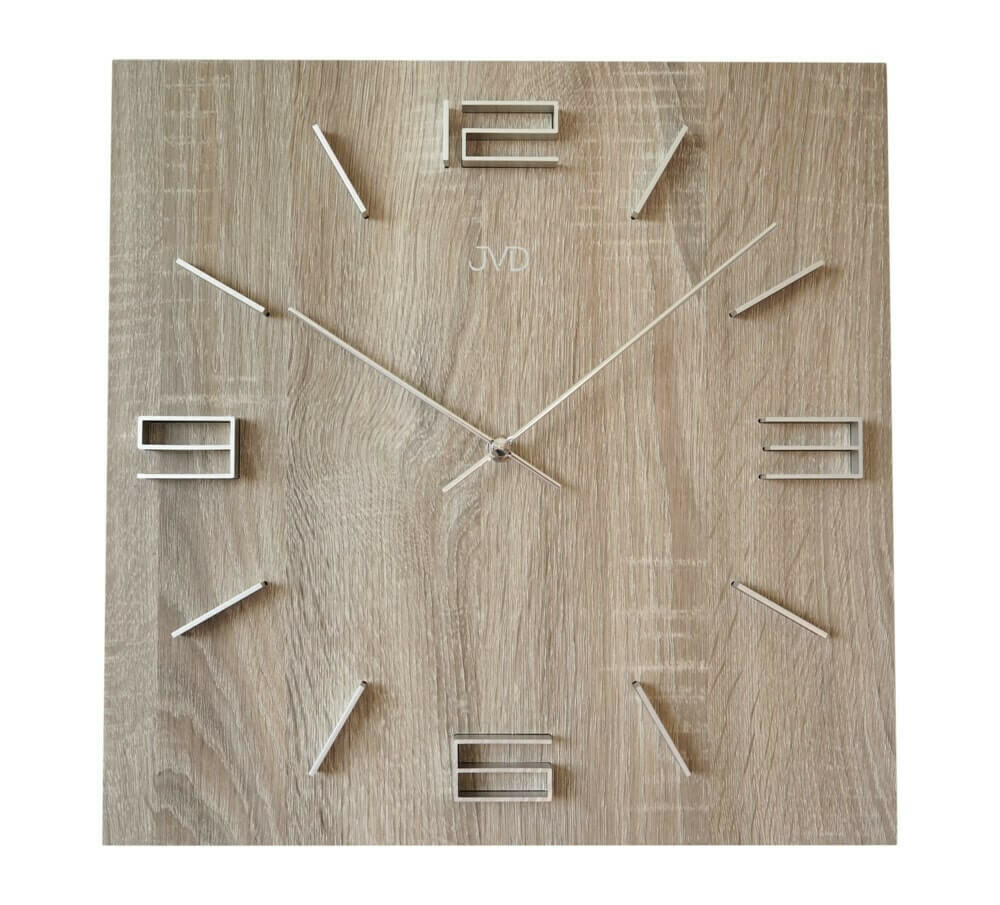 Pendule murale carr&eacute;e en bois chiffres en relief 40 cm chene clair