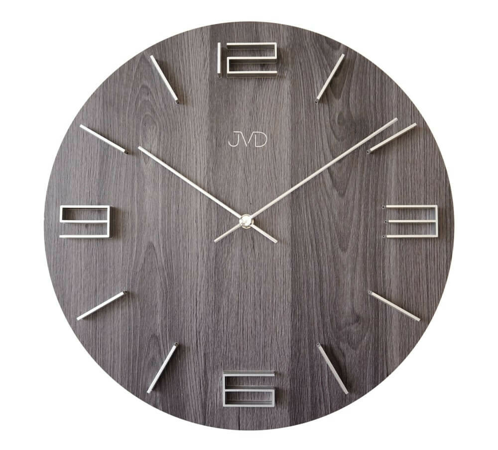 Horloge murale ronde en bois plaqu&eacute; chiffres en relief plaqu&eacute; effet noy&eacute;