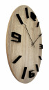 Horloge murale ronde en bois plaqu&eacute; chiffres en relief plaqu&eacute; ch&ecirc;ne clair trois quart