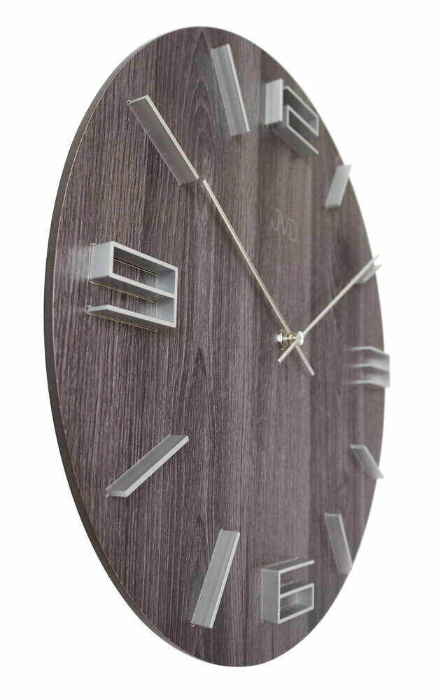 Horloge murale ronde en bois plaqu&eacute; chiffres en relief plaqu&eacute; effet noy&eacute; trois quart