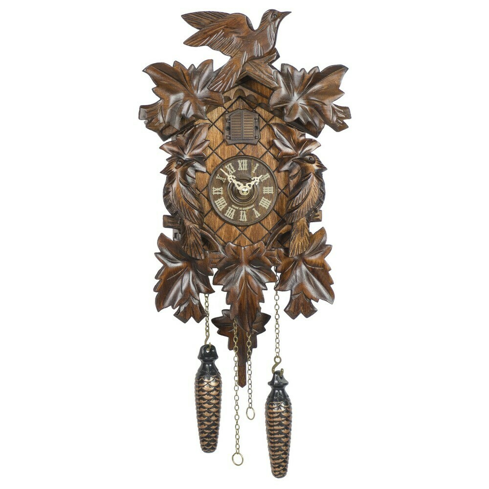 Horloge coucou musical de la For&ecirc;t-Noire sculpt&eacute; avec oiseaux et feuilles
