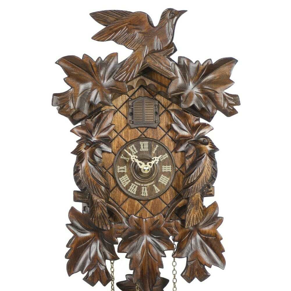 Horloge coucou musical de la For&ecirc;t-Noire sculpt&eacute; avec oiseaux et feuilles zoom