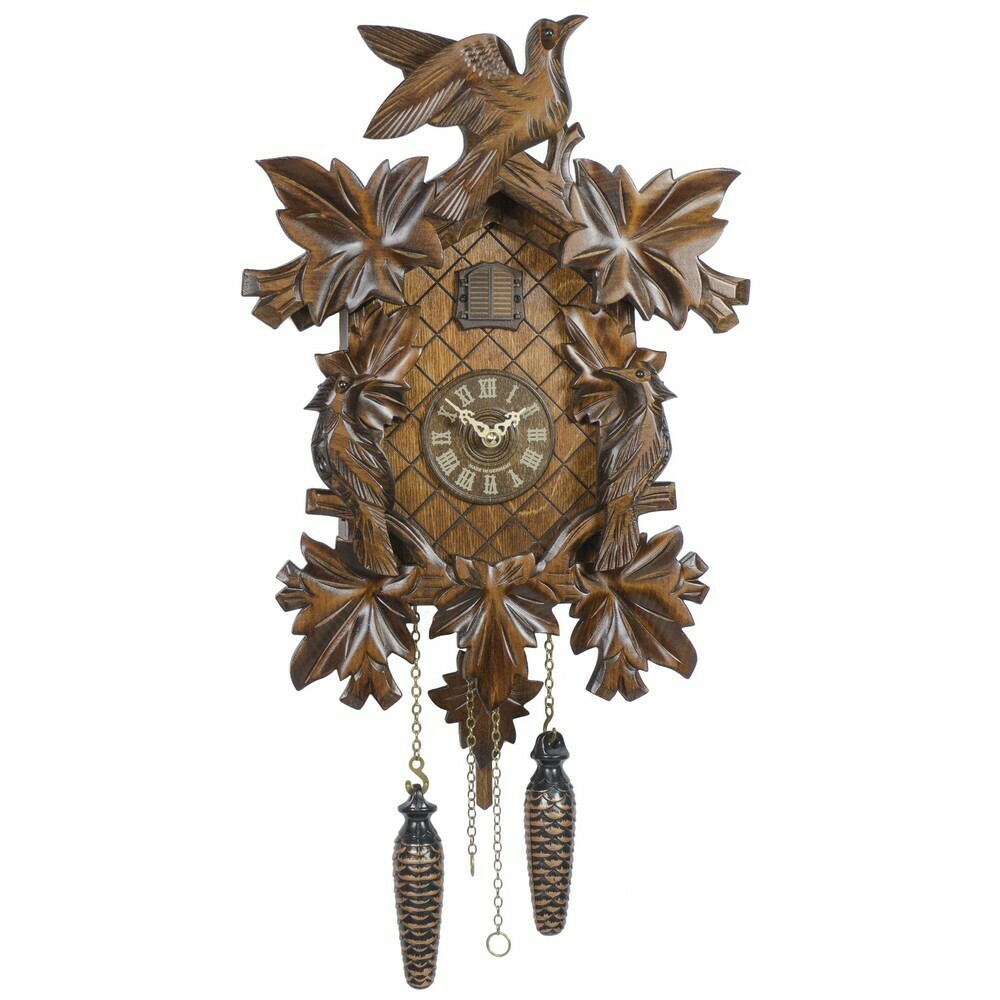 Horloge coucou musical de la For&ecirc;t-Noire sculpt&eacute; avec oiseaux et feuilles