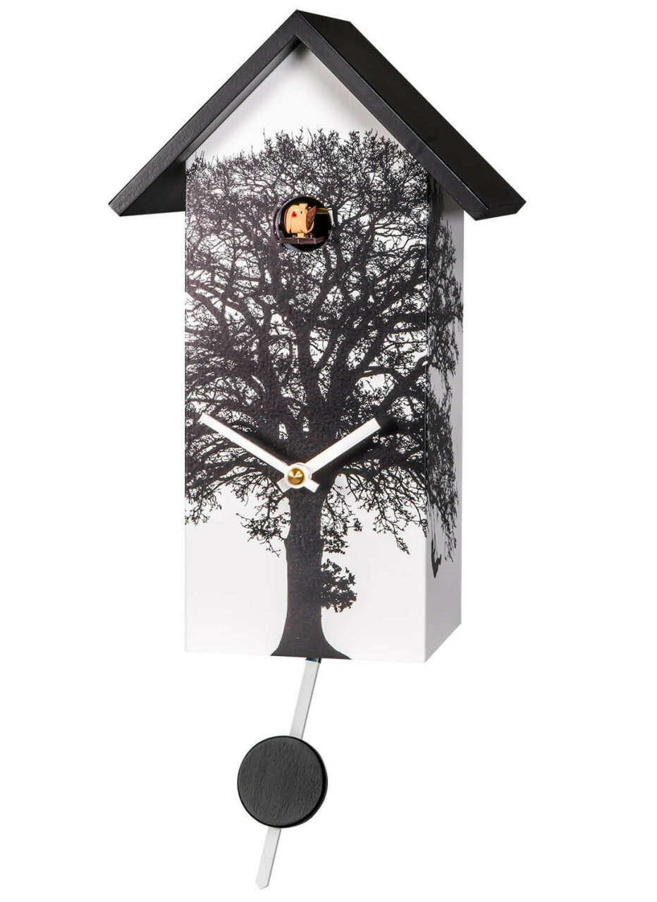 Horloge coucou moderne blanc &agrave; piles d&eacute;cor arbre noir