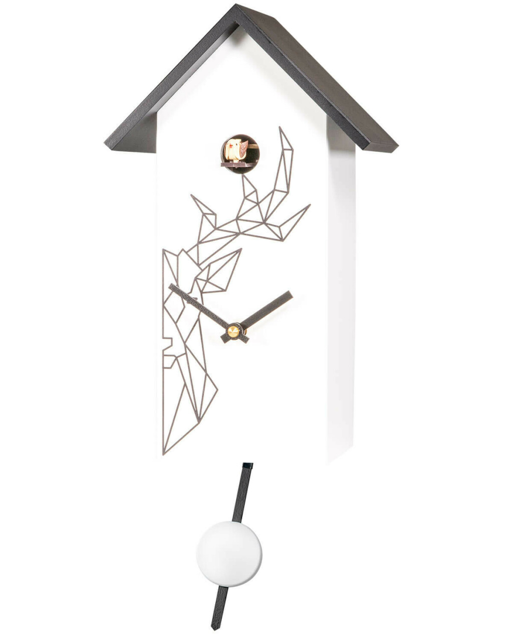 Horloge coucou moderne blanc &agrave; piles d&eacute;cor graphique noir