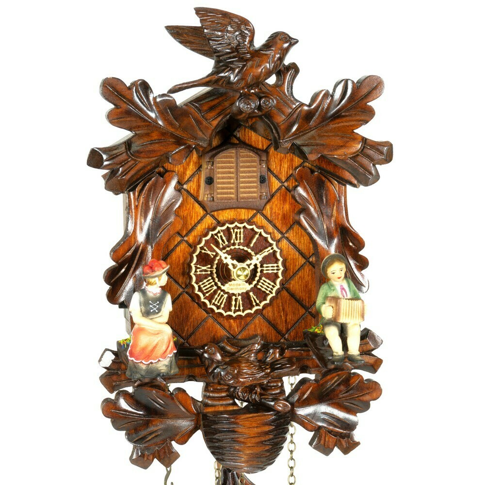 Horloge coucou traditionnelle &agrave; pile de la For&ecirc;t-Noire &agrave; d&eacute;cor de feuilles et oiseaux Zoom