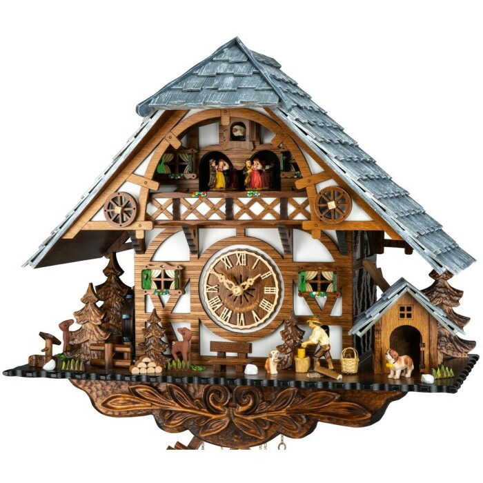 Horloge coucou m&eacute;canique musical 8 jours chalet enneig&eacute; b&ucirc;cheron et danseurs 43 cm_zoom