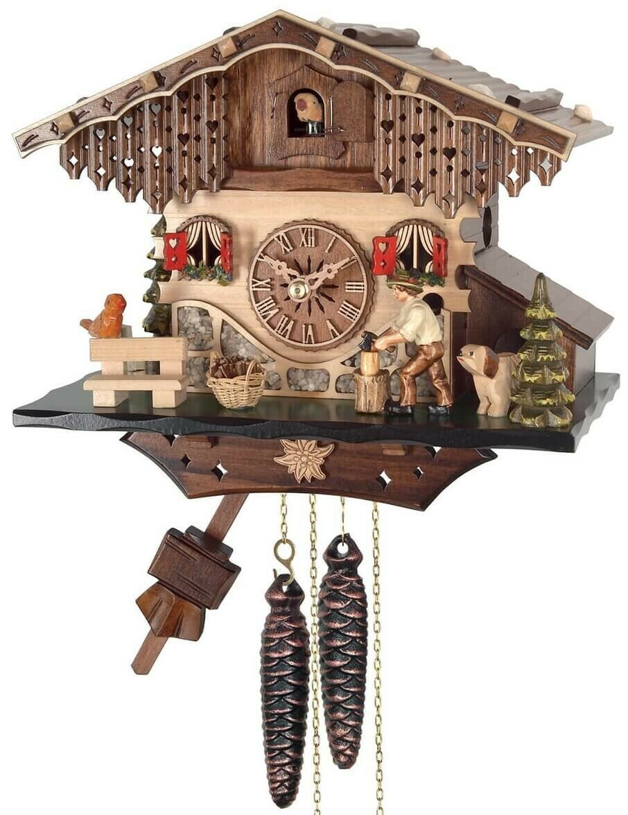 Horloge coucou m&eacute;canique chalet 1 jour b&ucirc;cheron et petit chien