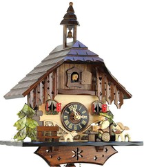 Horloge coucou mécanique chalet 1 jour personnage petit chien gros plan