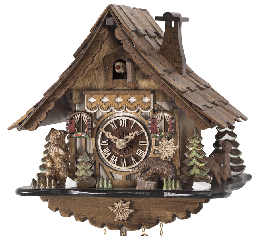 Horloge coucou m&eacute;canique traditionnel 1 jour chalet avec ours 23 cm_zoom