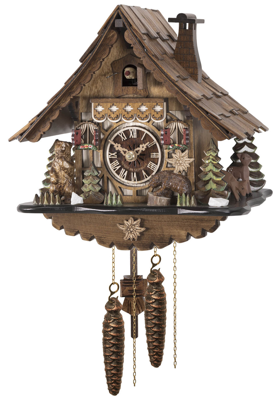 Horloge coucou m&eacute;canique traditionnel 1 jour chalet avec ours 23 cm