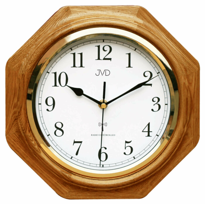 Horloge murale octogonale en bois radio-pilotée lunette dorée chêne