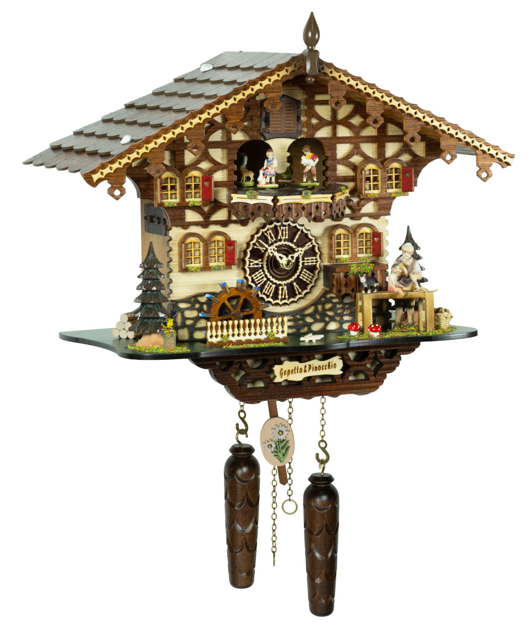 Horloge coucou musical &agrave; piles chalet Pinocchio 35 cm